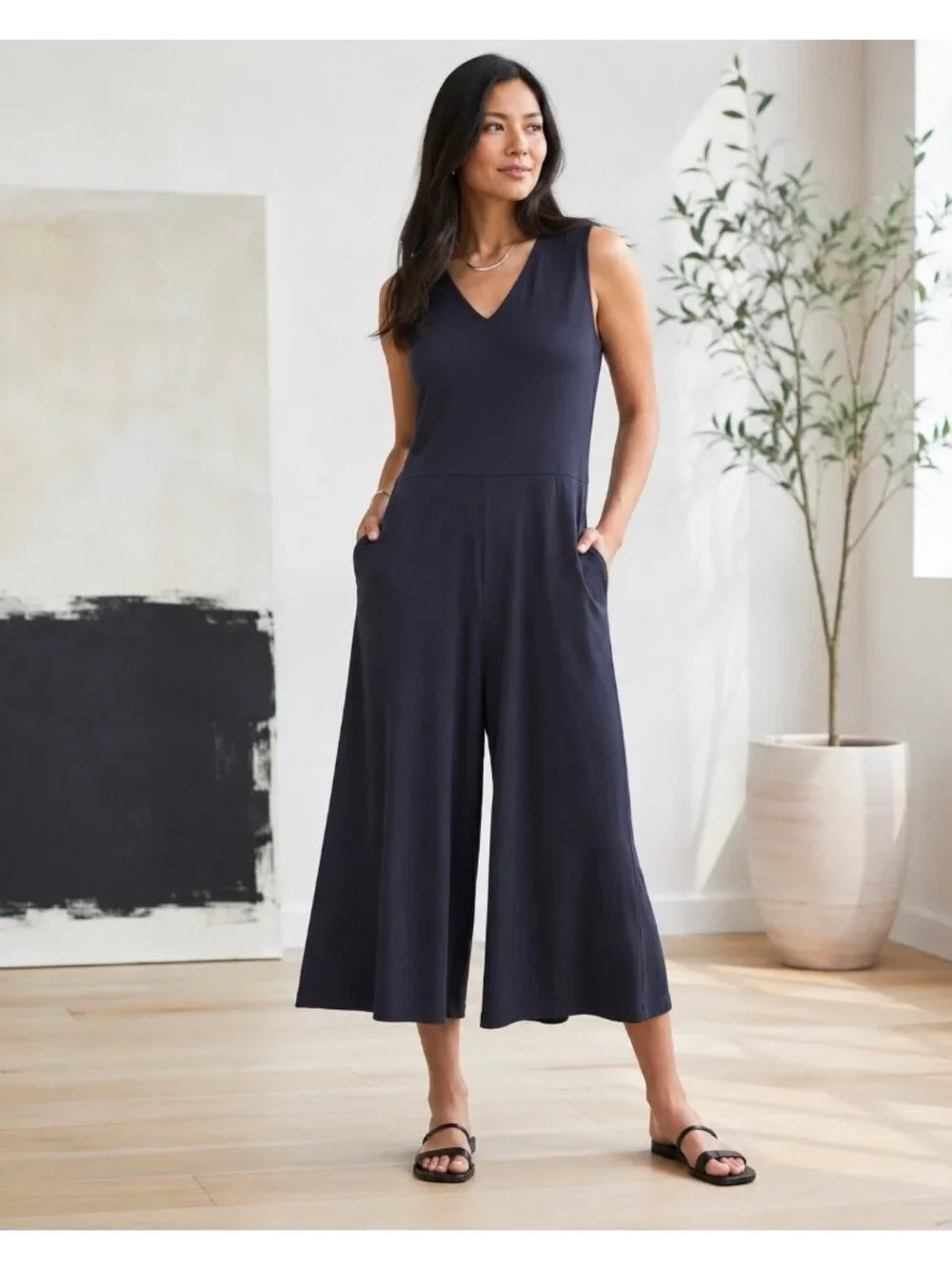 Eileen Fisher Cotton Stretch Jersey Wide Leg Jumpsuit Ink Navy Large NWT $298